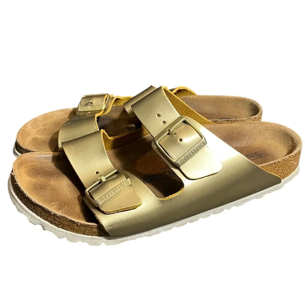 Birkenstock Arizona Sandals Mens 42 Gold Metallic Double Strap Cork Slides